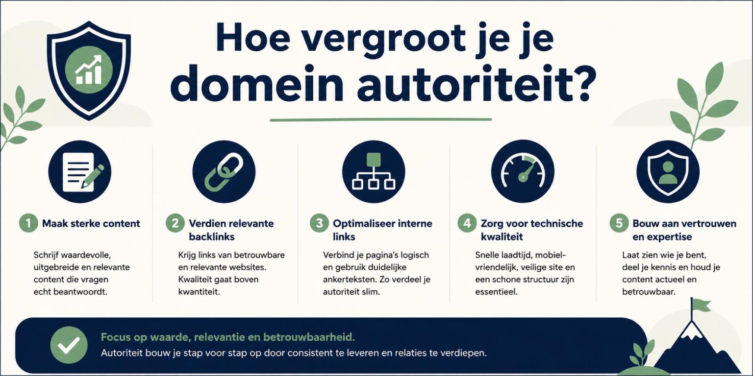 Contact Infographic over hoe je domeinautoriteit vergroot met content, backlinks en technische SEO
